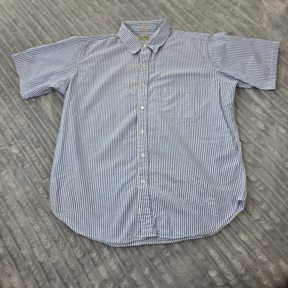 LL Bean Mens XL Seersucker Shirt Short Sleeve Blue White Striped Made in USA VTG